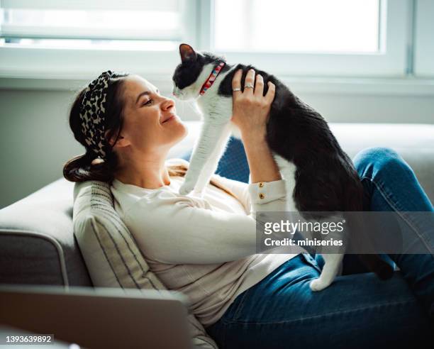 beautiful woman sitting on the sofa cuddling with her cat - kraag stockfoto's en -beelden