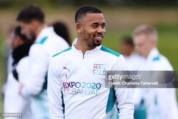 Gabriel Jesus of Manchester City reacts during the Manchester City Training Session at Manchester City Football Academy on April 25, 2022 in...