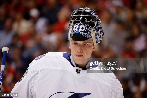 Goaltender Andrei Vasilevskiy of the Tampa Bay Lightning skates the ice during a break in the action against the Florida Panthers at the FLA Live...