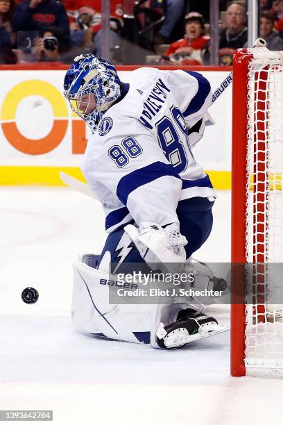 Goaltender Andrei Vasilevskiy of the Tampa Bay Lightning defends the net against the Florida Panthers at the FLA Live Arena on April 24, 2022 in...