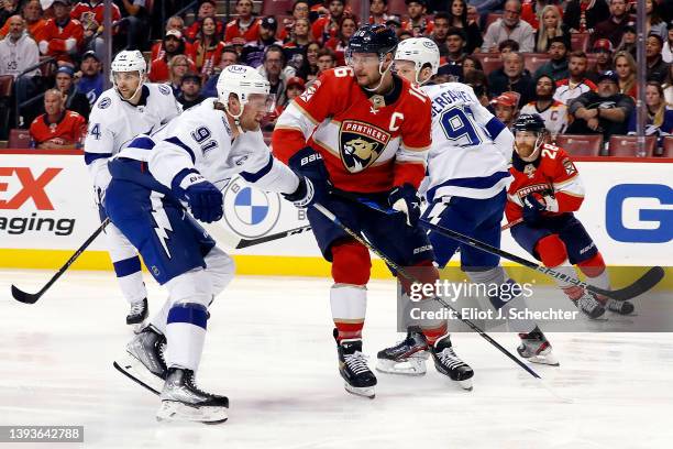 Aleksander Barkov of the Florida Panthers skates for position against Steven Stamkos of the Tampa Bay Lightning at the FLA Live Arena on April 24,...