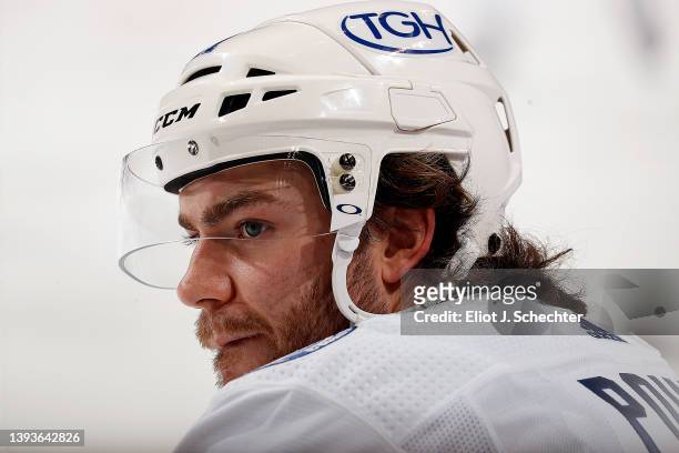 Brayden Point of the Tampa Bay Lightning stretches on the ice during warm ups prior to the start of the game against the Florida Panthers at the FLA...
