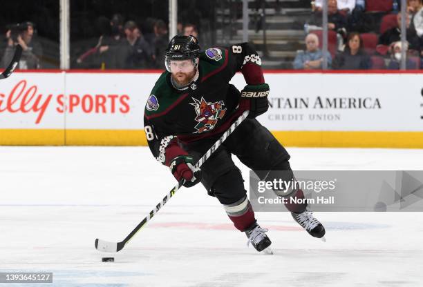 Phil Kessel of the Arizona Coyotes skates with the puck against the St Louis Blues at Gila River Arena on April 23, 2022 in Glendale, Arizona.