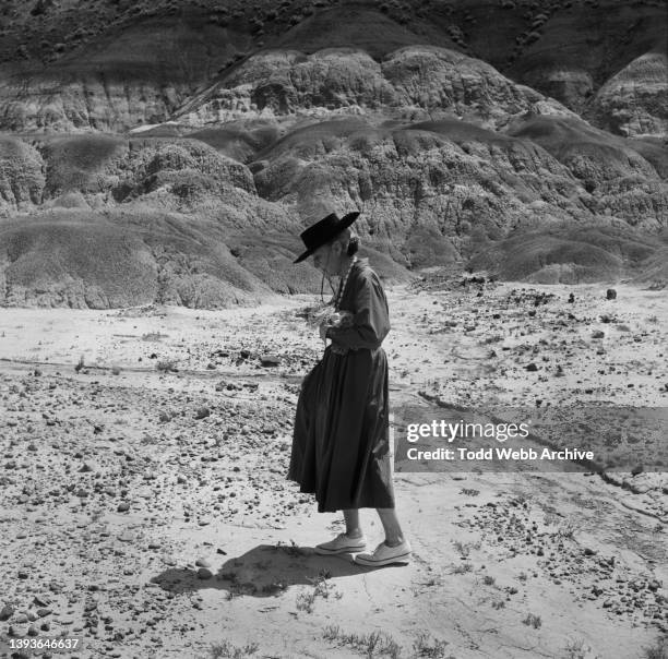 American artist Georgia O'Keeffe as she walks in the Black Place , New Mexico, 1963.