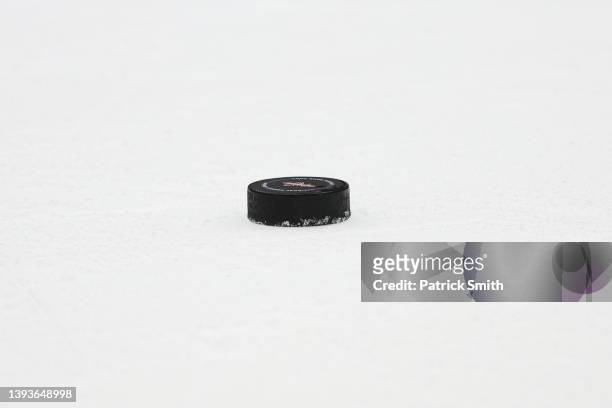 Detailed view of an NHL hockey puck is seen during the second period at Capital One Arena on April 24, 2022 in Washington, DC.