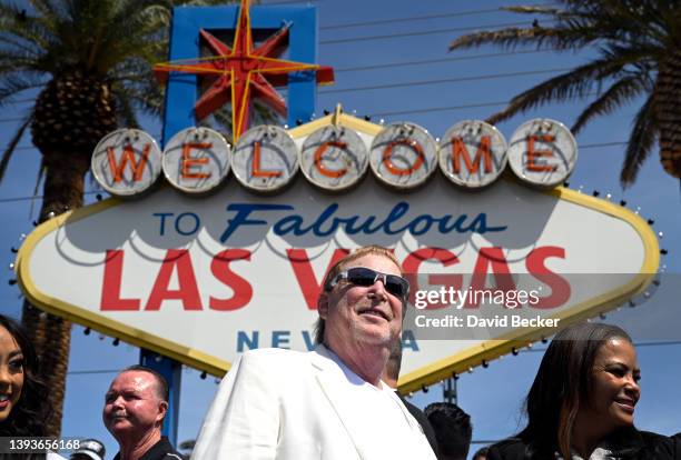 Las Vegas Raiders owner Mark Davis poses during a kick-off event celebrating the 2022 NFL Draft at the Welcome To Fabulous Las Vegas sign on April...