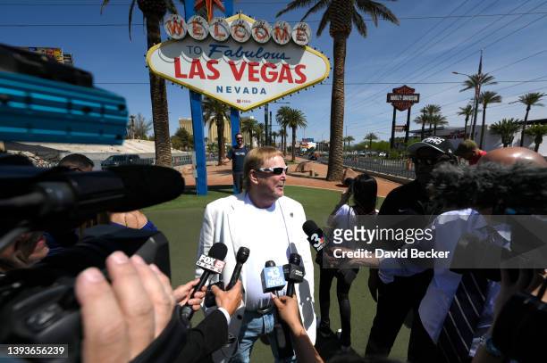 Las Vegas Raiders owner Mark Davis speaks with the media following at a kick-off event celebrating the 2022 NFL Draft at the Welcome To Fabulous Las...