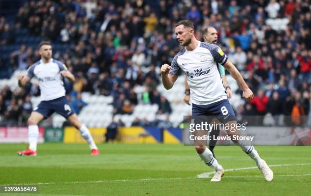 Alan Browne of Preston North End celebrates after scoring their team's first goal during the Sky Bet Championship match between Preston North End and...