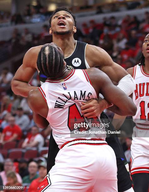 Patrick Williams of the Chicago Bulls tries to defend against Giannis Antetokounmpo of the Milwaukee Bucks during Game Four of the Eastern Conference...