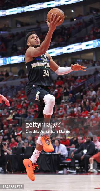 Giannis Antetokounmpo of the Milwaukee Bucks drives to the basket against the Chicago Bulls during Game Four of the Eastern Conference First Round...