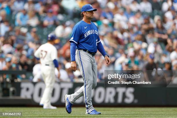 Manager Mike Matheny of the Kansas City Royals walks to the pitchers mound during the seventh inning against the Seattle Mariners at T-Mobile Park on...