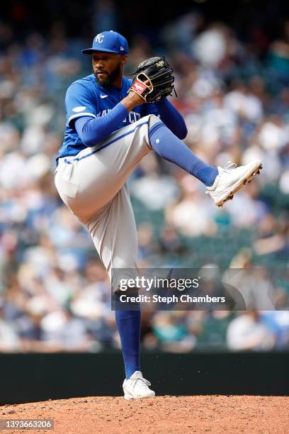 Amir Garrett of the Kansas City Royals pitches during the seventh inning against the Seattle Mariners at T-Mobile Park on April 24, 2022 in Seattle,...