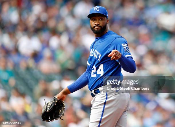 Amir Garrett of the Kansas City Royals reacts during the seventh inning against the Seattle Mariners at T-Mobile Park on April 24, 2022 in Seattle,...