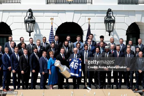 President Joe Biden speaks at an event honoring the 2020 and 2021 Stanley Cup Champions, Tampa Bay Lightning, on the South Lawn of the White House on...