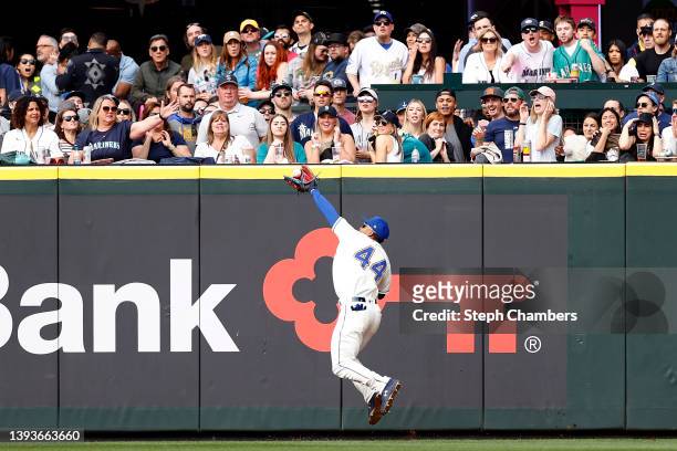 Julio Rodriguez of the Seattle Mariners makes a catch for an out during the ninth inning against the Kansas City Royals at T-Mobile Park on April 24,...
