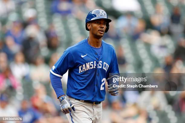 Michael A. Taylor of the Kansas City Royals runs to first base against the Seattle Mariners during the eleventh inning at T-Mobile Park on April 24,...