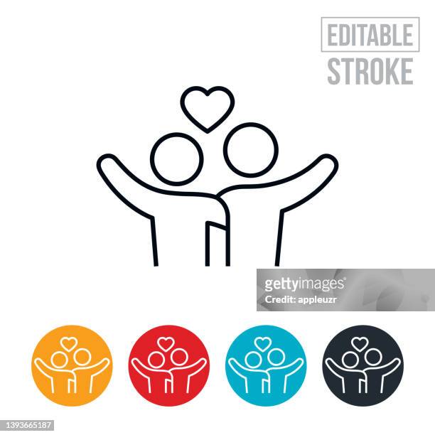 young couple holding each other and waving thin line icon - editable stroke - waving icon stock illustrations