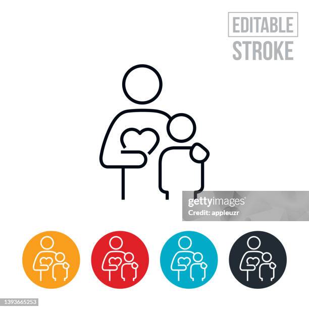 illustrazioni stock, clip art, cartoni animati e icone di tendenza di madre single con mano sulla spalla del bambino icona linea sottile - tratto modificabile - adulto