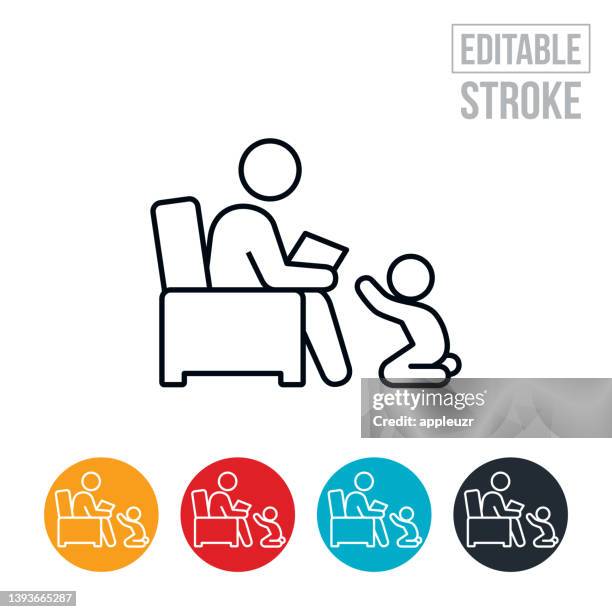 parent working on tablet pc with baby thin line icon - editable stroke - parent computer stock illustrations