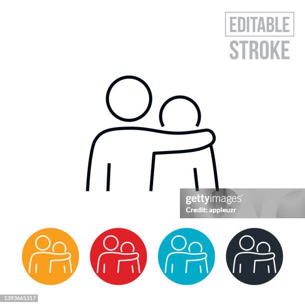 parent with arm around sad child thin line icon - editable stroke - arm around stock illustrations