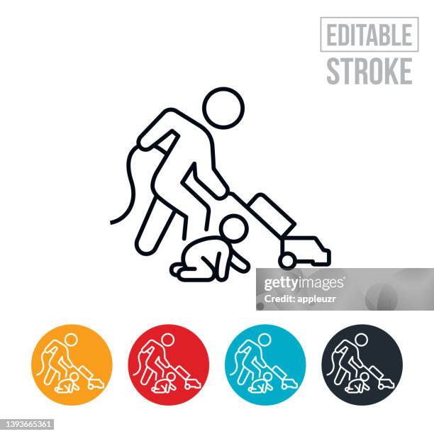 mother vacuuming with child crawling on floor thin line icon - editable stroke - crawling icon stock illustrations