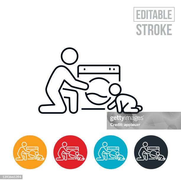 mother doing laundry with baby thin line icon - editable stroke - multi task mom stock illustrations