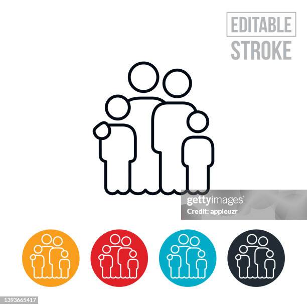 stockillustraties, clipart, cartoons en iconen met family of four thin line icon - editable stroke - kids hugging mom cartoon