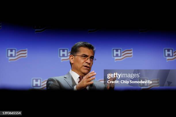 Heath and Human Services Secretary Xavier Becerra participates in the federal forum plenary session of the American Hospital Association's annual...