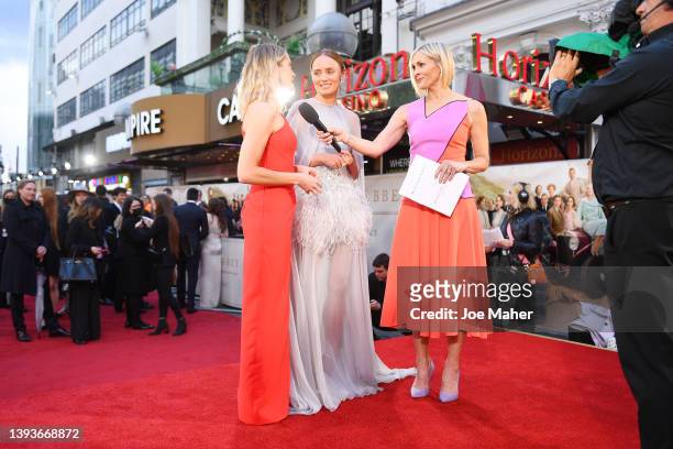 Joanne Froggatt, Laura Haddock and Jenni Falconer attend the world premiere of "Downton Abbey: A New Era" at Cineworld Leicester Square on April 25,...