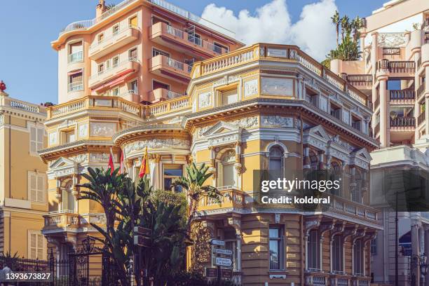 luxury property in monte carlo. beautiful apartment buildings in bright sunlight. - monte carlo monaco stock pictures, royalty-free photos & images