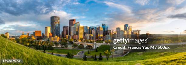 panoramic view of buildings in city against sky,calgary,alberta,canada - calgary photos et images de collection