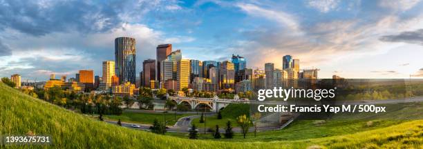 panoramic view of buildings in city against sky,calgary,alberta,canada - calgary stockfoto's en -beelden