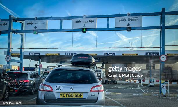 Vehicles leaving a cross-channel ferry travelling from France to the UK queue to pass through the UK Border on April 18, 2022 in Portsmouth, England....