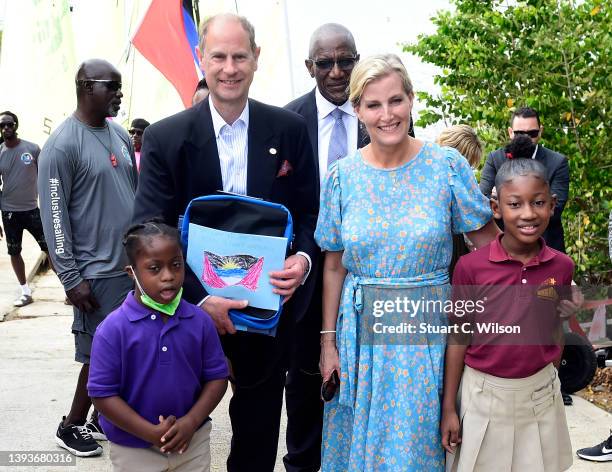 Sophie, Countess of Wessex and Prince Edward, Earl of Wessex at the National Sailing Academy on April 25, 2022 in St John's, Antigua and Barbuda. The...