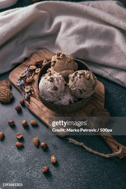 high angle view of food on table - ice cream cup stock-fotos und bilder