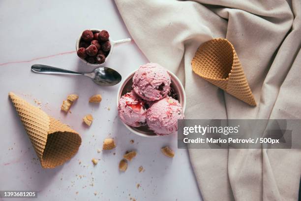 directly above shot of ice cream on table - speiseeis stock-fotos und bilder