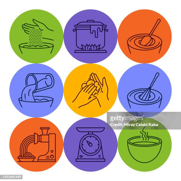 cooking line icons set - meat grinder stock illustrations