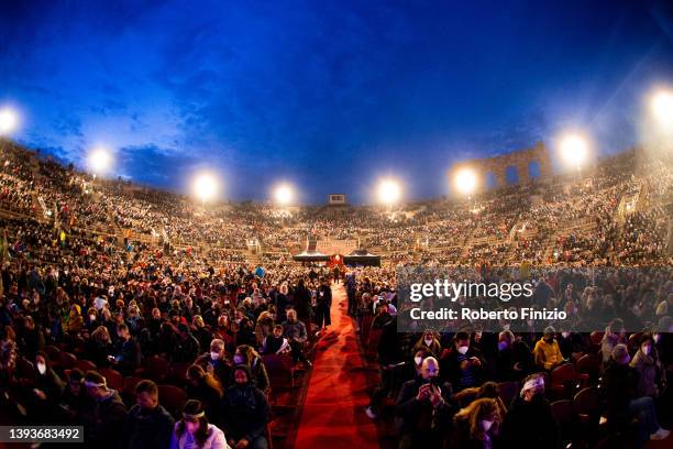 The crowd at Arena Di Verona waits for the Zucchero "Sugar "Fornaciari concert to begin on April 25, 2022 in Verona, Italy.