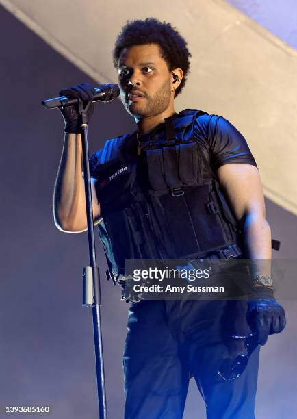 The Weeknd performs on the Coachella stage during the 2022 Coachella Valley Music And Arts Festival on April 24, 2022 in Indio, California.
