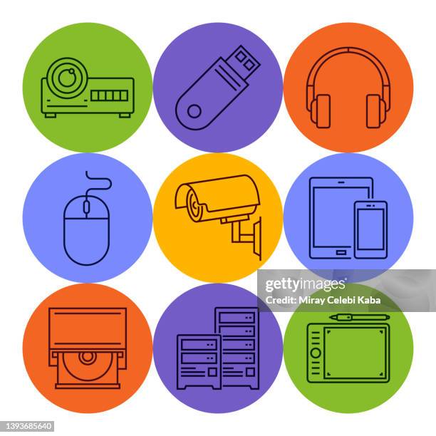 electronics and devices line icons set - printer security stock illustrations