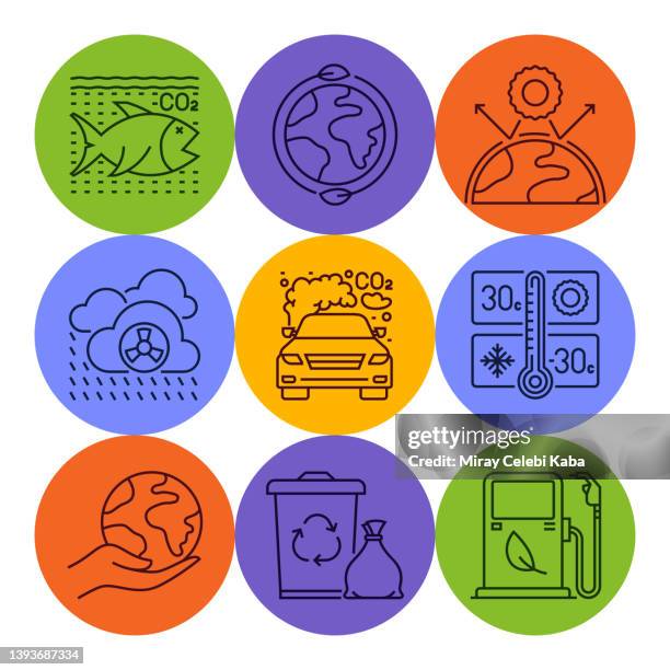 global warming line icons set - acid rain stock illustrations