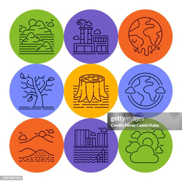 global warming line icons set - ocean acidification stock illustrations