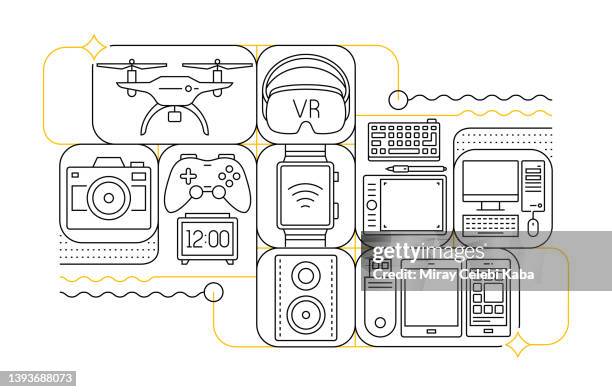 electronics and devices line icon set and banner design - store security camera stock illustrations