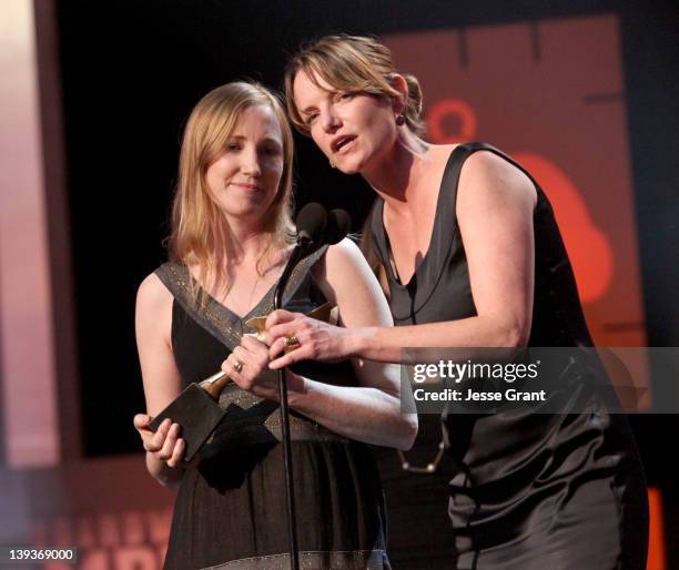 Writers Kelly Duane de la Vega and Katie Galloway accept the Outstanding Writing for a Documentary award for 'Better This World' onstage during the...