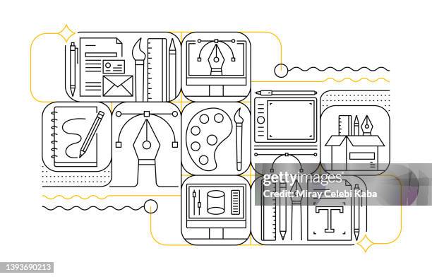 graphics design line icon set and banner design - web designer logo stock illustrations