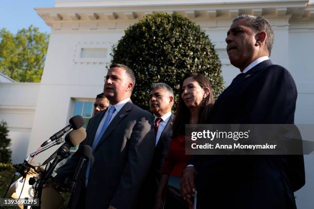 Rep. Darren Soto speaks alongside members of the Congressional Hispanic Caucus outside of the West Wing after a meeting with U.S. President Joe Biden...