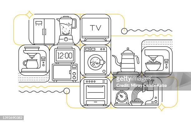 stockillustraties, clipart, cartoons en iconen met household appliances line icon set and banner design - wasser