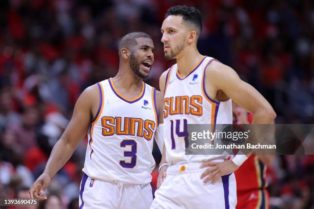 Chris Paul talks to Landry Shamet of the Phoenix Suns against the New Orleans Pelicans during Game Three of the Western Conference First Round NBA...