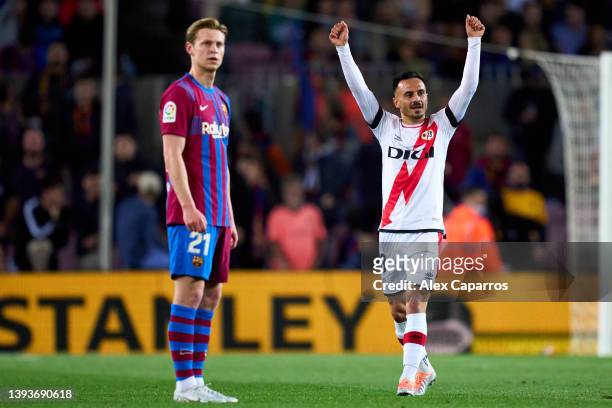 Alvaro Garcia of Rayo Vallecano celebrates after scoring his team's first goal during the LaLiga Santander match between FC Barcelona and Rayo...