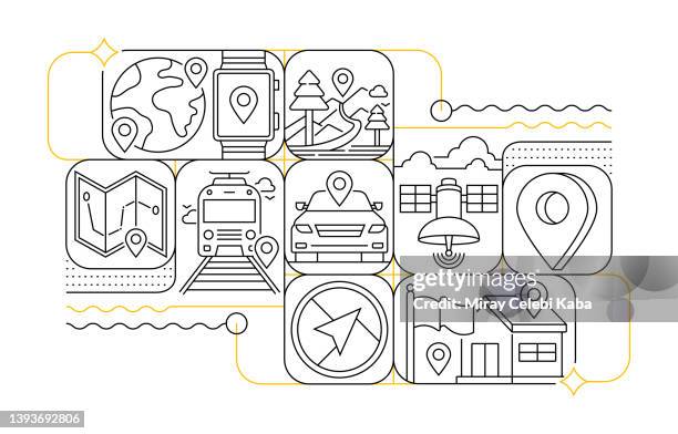 map and navigation line icon set and banner design - roadside attraction stock illustrations